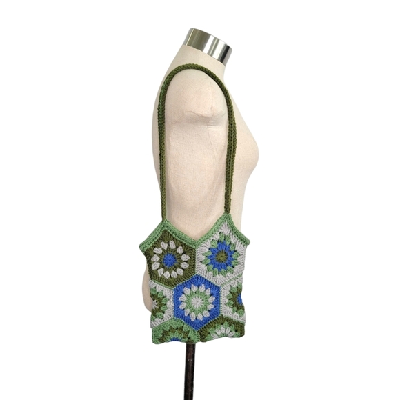 Handmade Crochet Granny Square Hexagon Boho Shoulder Bag Tote Green Blue Gray - Picture 2 of 8